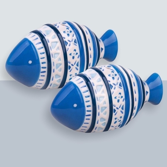 Global Tides Tropical Fish Salt Pepper Shaker Set Ceramic Coastal Blue White… - Picture 1 of 12